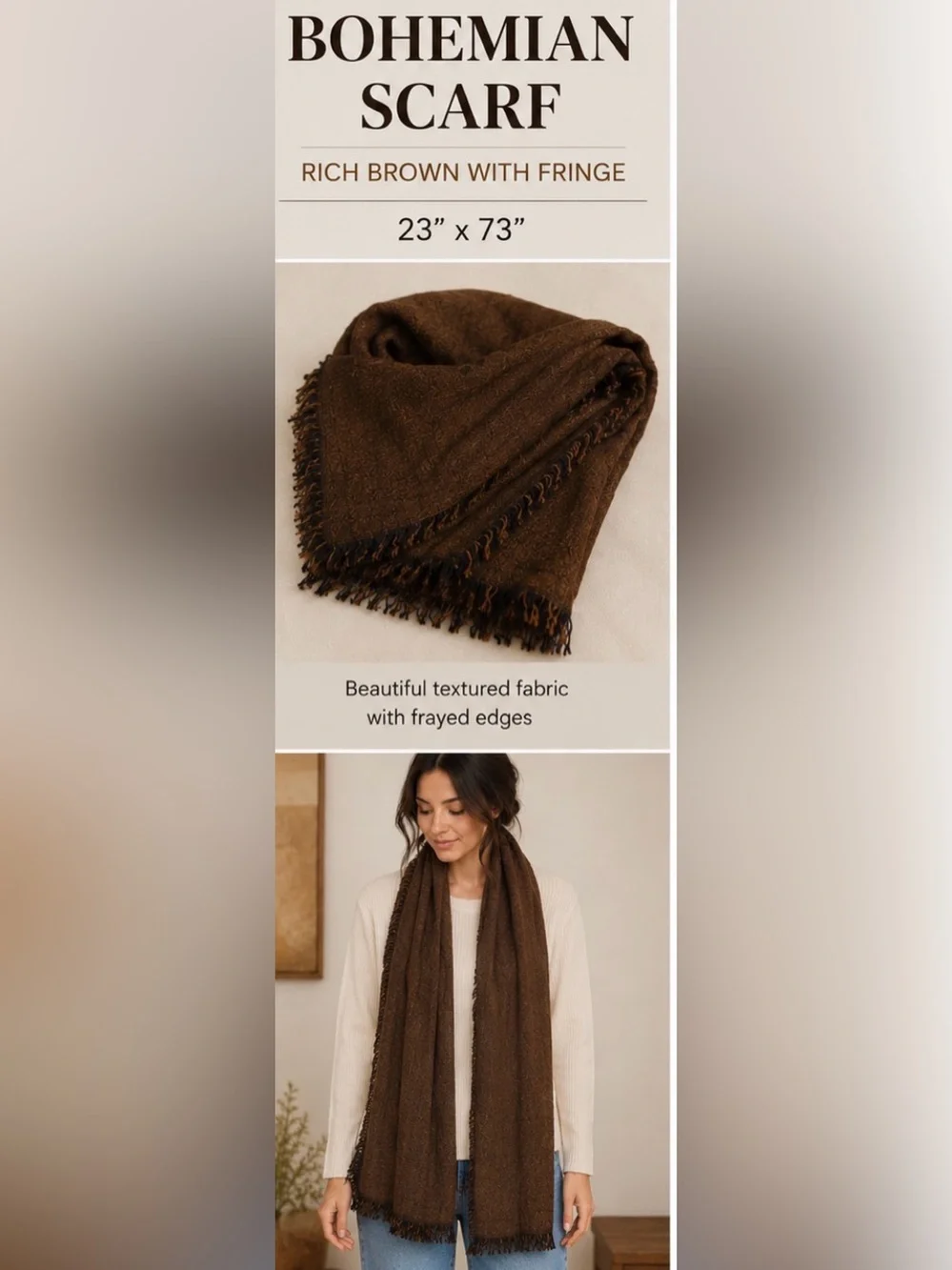 Bohemian Scarf Gorgeous brown. 23”x73” beautiful shape.